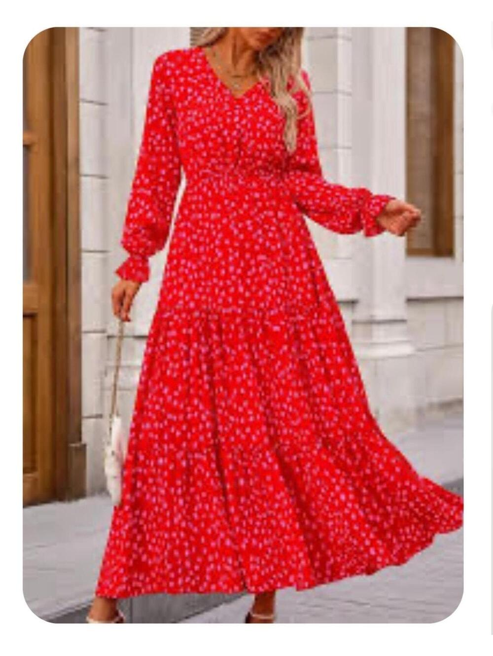 1180 NWOT Medium Flowy Dress 19" PTP Long Sleeve Maxi Dots Pink / Red A0001180